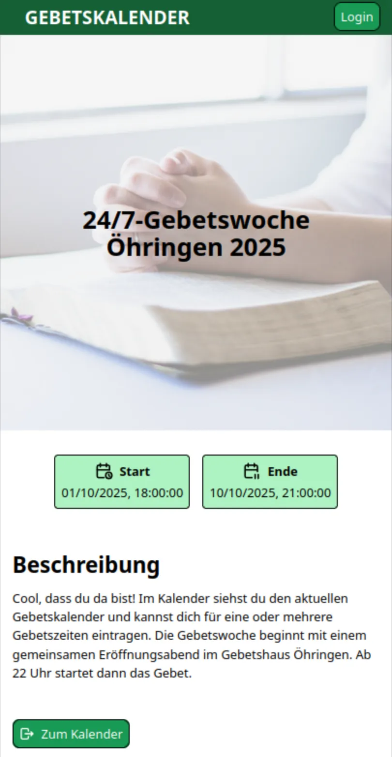 So sieht die Übersichtsseite aus, die für jeden Kalender automatisch erstellt wird. Vorschau der Übersichtsseite eines Kalenders